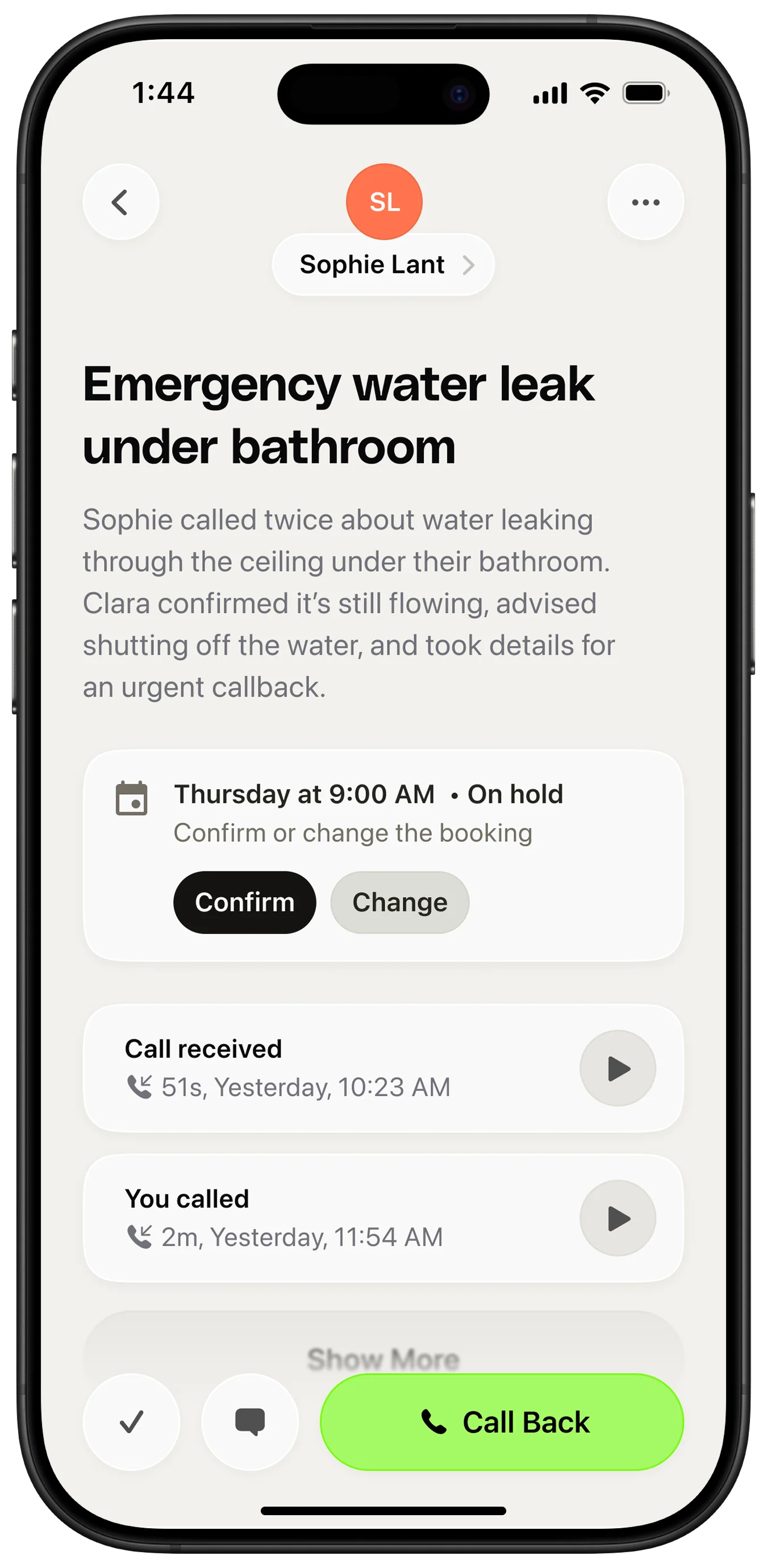 A Clara inquiry showing the service type, requested date, and the caller's location