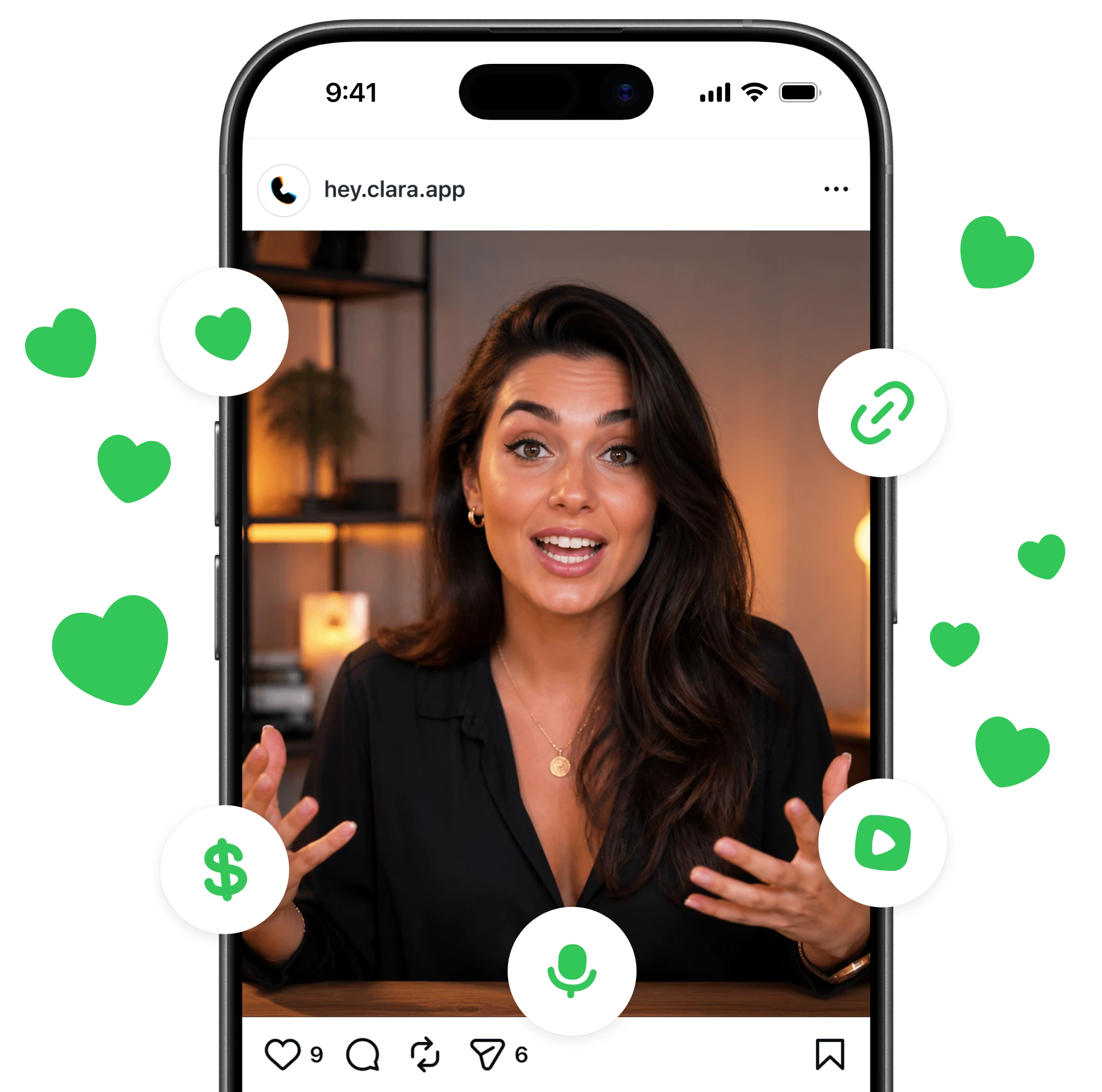 Clara on a creator's phone with social engagement icons