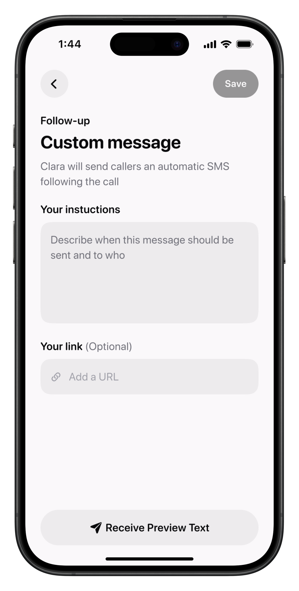 Setting up a custom follow-up message with an optional link