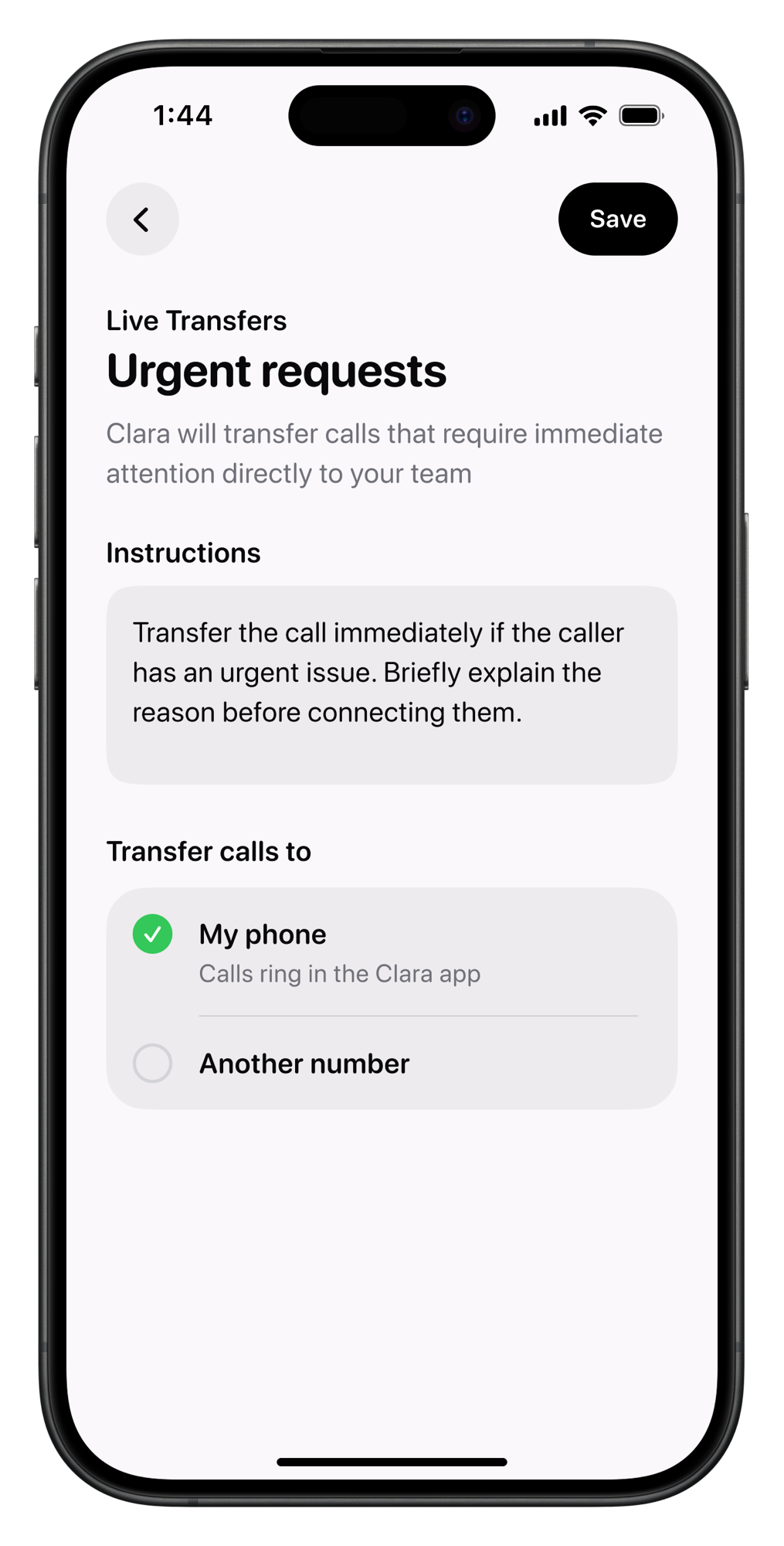 Setting up a Live Call Transfers rule in Clara, with instructions and where to transfer the call