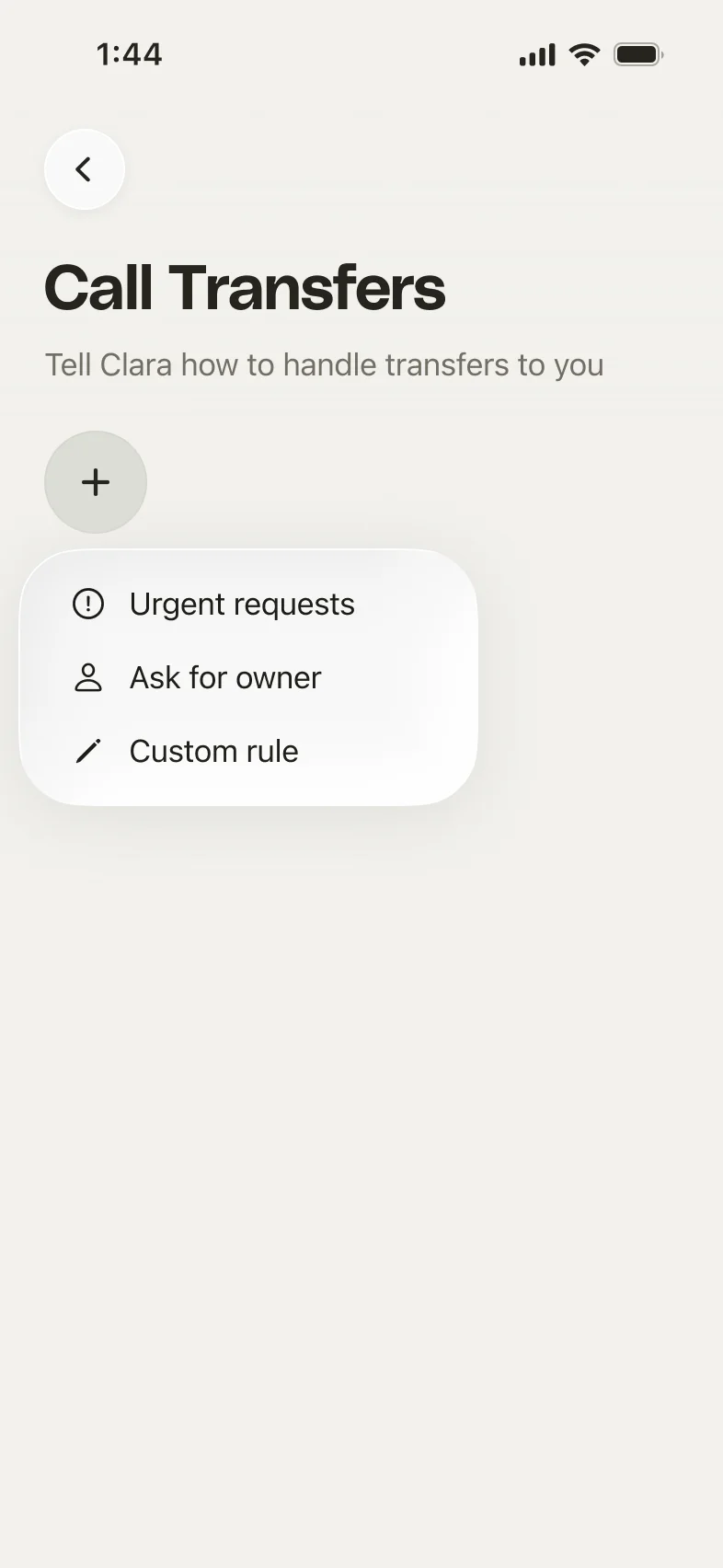 The Call Transfers screen with the add menu open, showing Urgent requests, Ask for owner, and Custom rule