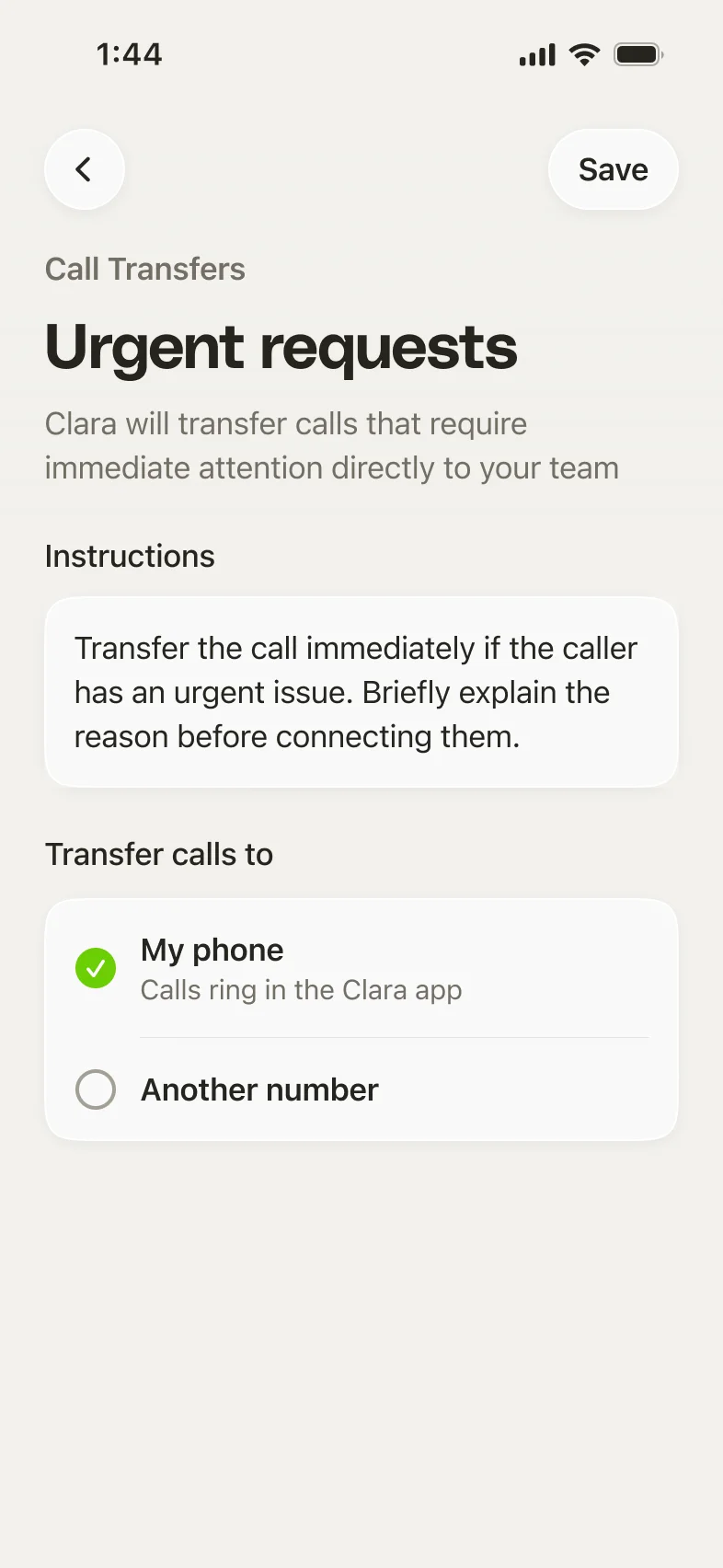 The Urgent requests rule with Instructions filled in and Transfer calls to set to My phone