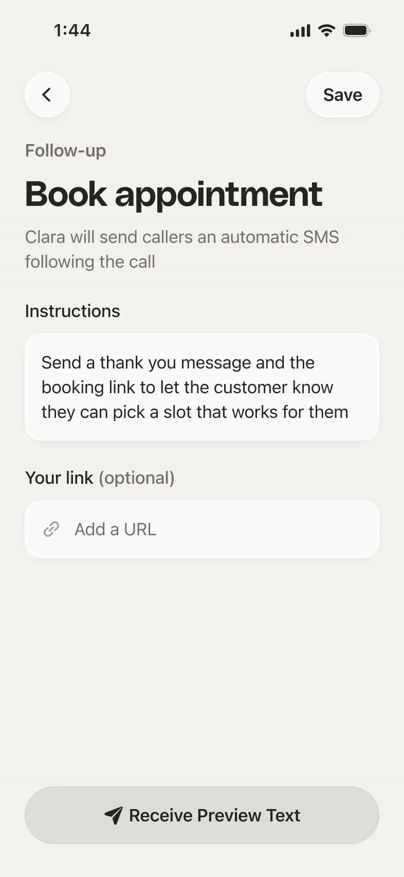 The Book appointment follow-up editor with instructions, the Your link field, and Receive Preview Text