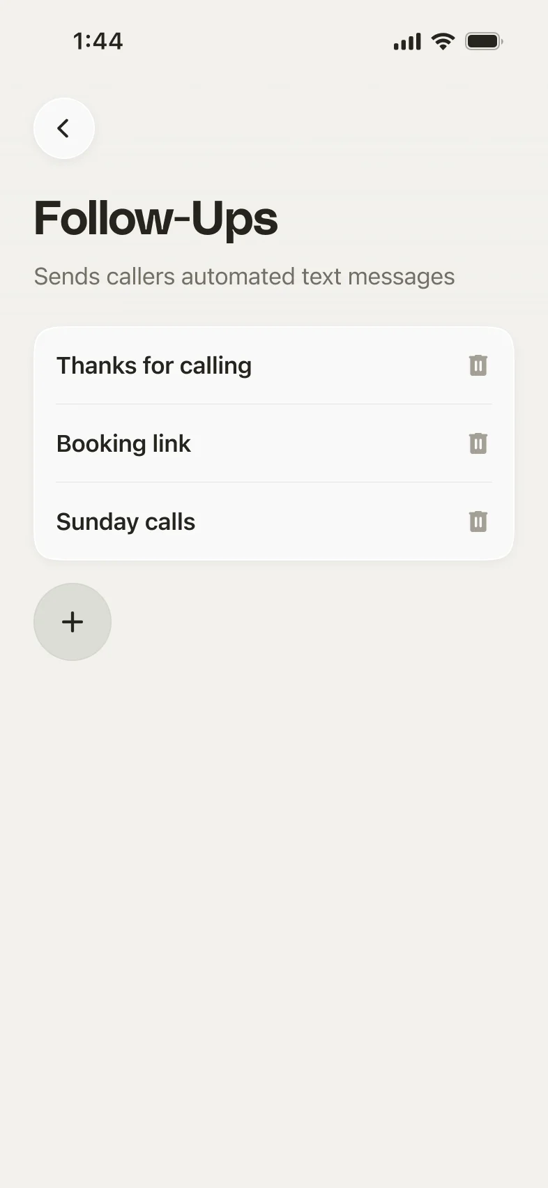 The Follow-ups list showing several follow-ups, each with a delete icon